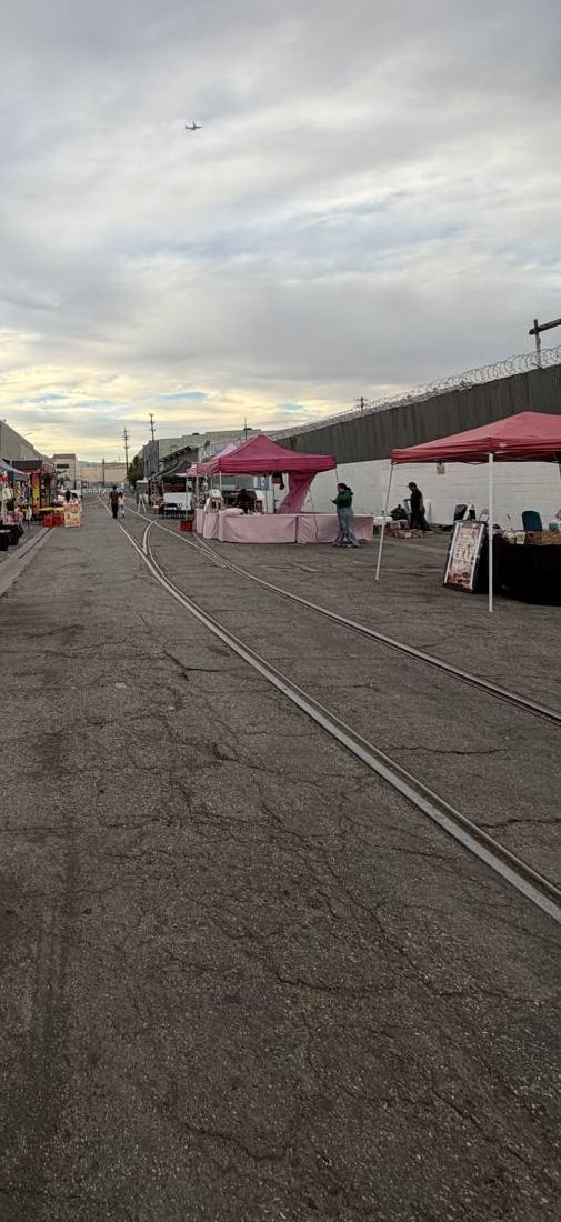 Old rail tracks running down the middle of the market alley toward pink tents